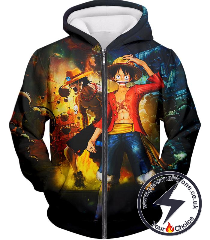 One Piece Awesome Brothers Luffy and Ace Best Bond Cool Zip Up Hoodie